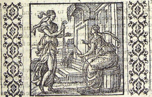 Hope, holding a bow and Nemesis holding a bridle