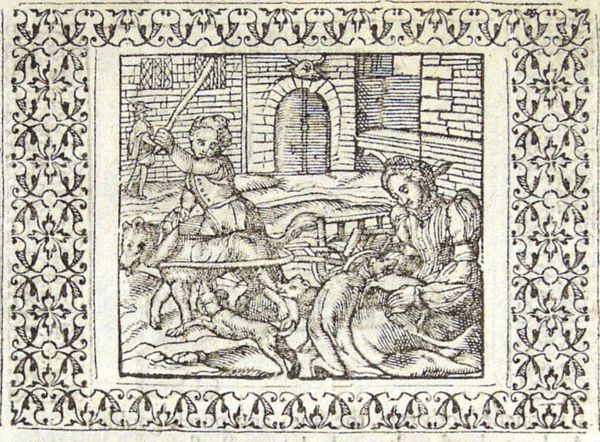 A big dog, harnessed to a cart, is hit with a stick; a small dog lies in the lap of a lady