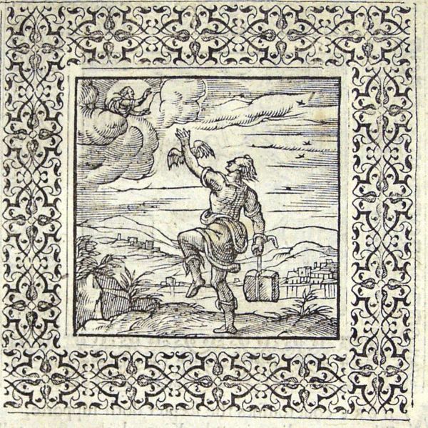 A man with a big stone tied to his right hand stretches his left hand, to which wings are attached, upwards to God