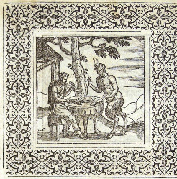 A satyr and a man who blew upon his hands because they were cold and on his broth because it was hot