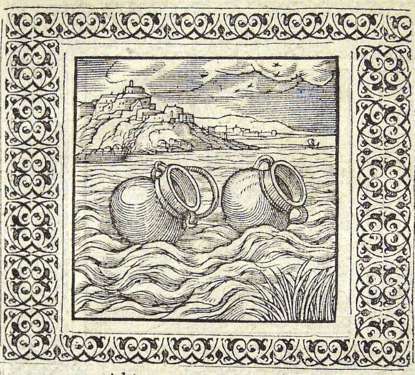 A copper pot and an earthenware pot floating down a river