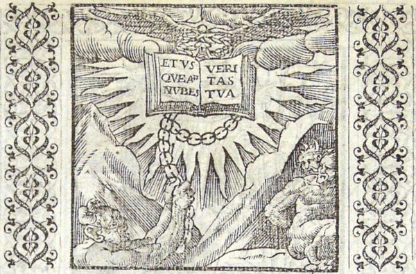 With a chain Satan is trying - in vain - to pull the book of truth to a hidden place