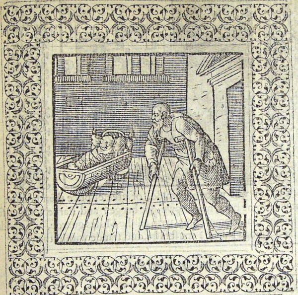 A swaddled infant in a cradle, an old man walking with crutches