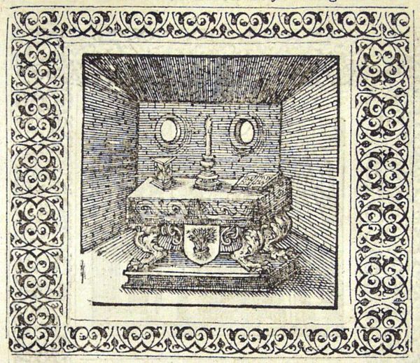 A table with an hourglass, a candle, a book and a shield