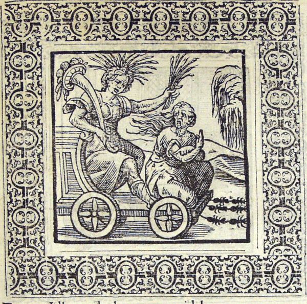 Labour is seated in a chariot drawn by ants; Idleness crouches next to the chariot, hungry