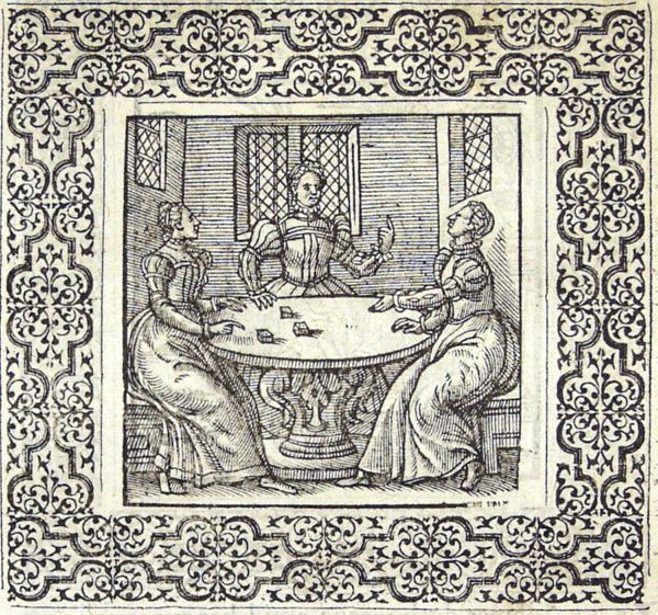 Three women gambling with dice; the winner is about to be hit on the head by a falling tile (this detail not represented)