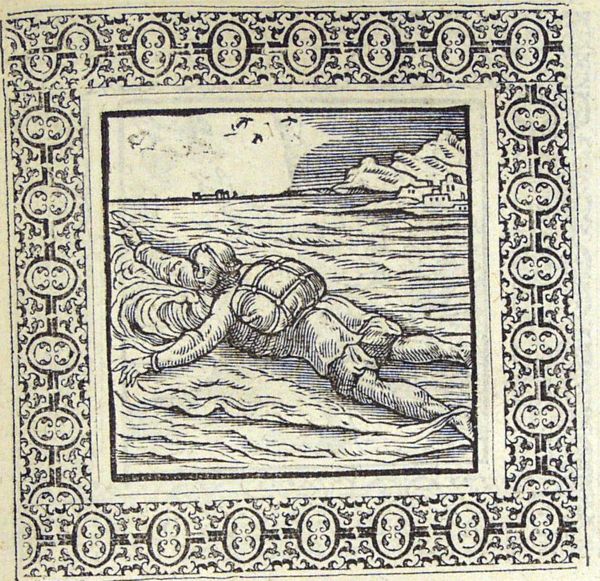 A man whose ship was wrecked is swimming with his valuables on his back
