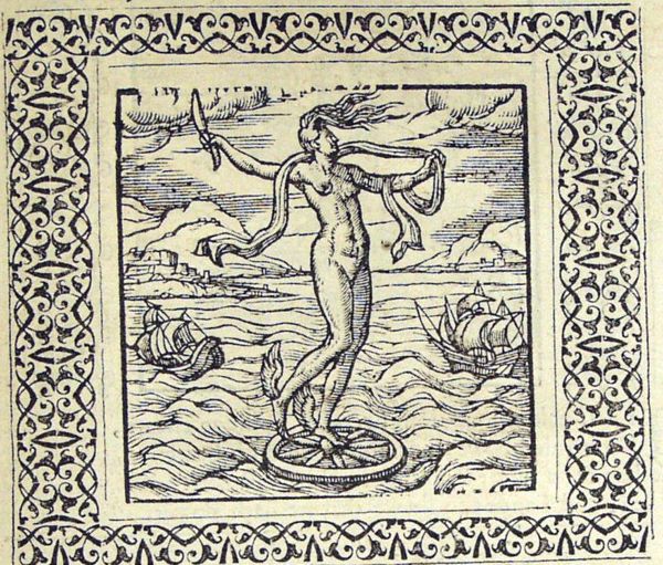 Occasio as a bald, naked woman with a long forelock, holds a razor with one hand and her fluttering drapery with the other; she stands on a wheel at sea