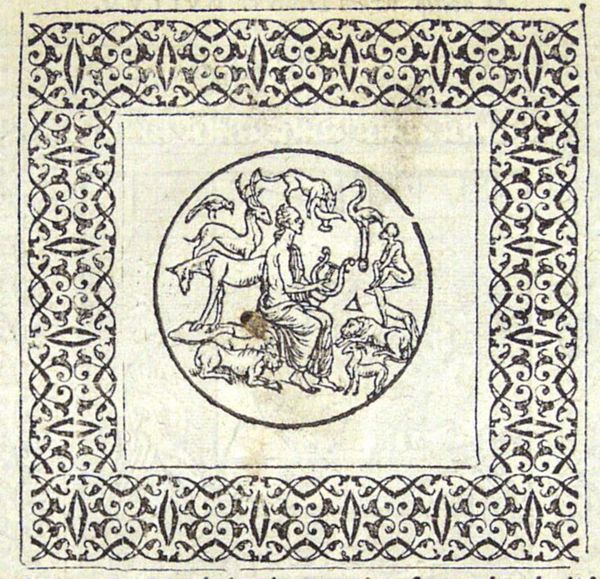 Antique coin with Orpheus playing to the animals