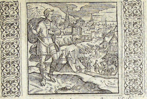 A man nourishes a snake in his bosom and looks down at a city under siege that has allowed houses to be built outside its city-walls