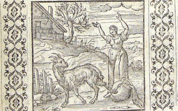 A goat kicks over a bowl of milk; a maid raises her arms in despair