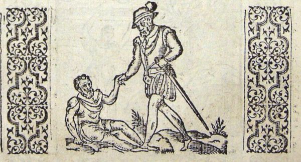 A man is helping a fallen man to his feet