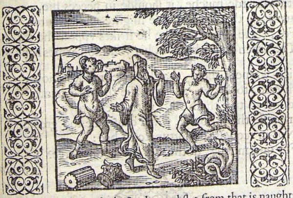 A man pointing at his ears which are huge, a second man pointing at his mouth, a third man fleeing from a snake