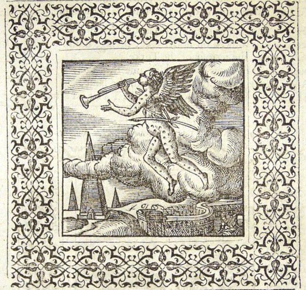 Fama flying over a landscape with obelisks, a pen hanging on her shoulder-belt