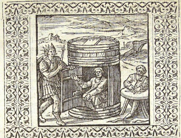 Diogenes in his cask, is visited by Alexander the Great; Codrus seated at a small table, roots on the ground
