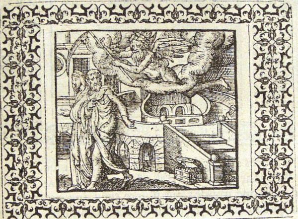 A couple, walking away from a money-chest, is followed by Father Time