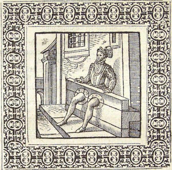 A courtier with his legs in the stocks