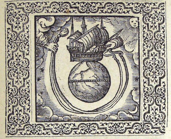 The hand of God is holding the reins attached to a ship that is placed on a globe; sun, moon and stars