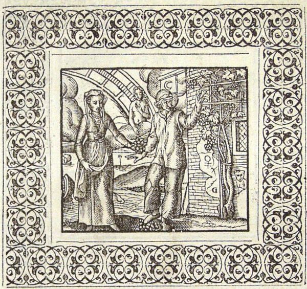 A woman and a man who extends his hand towards a vine; zodiacal sign of Virgo