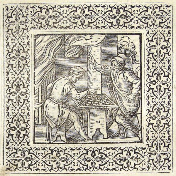 Two men at a game of chequers or chess while flames are leaking through the wall behind them