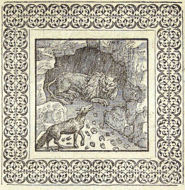 The fox prudently declines the invitation to enter the den to feel the pulse of the sick lion