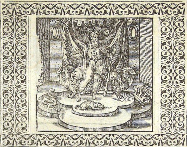 A physician, standing in front of a throne, a snake, a dog and a cock