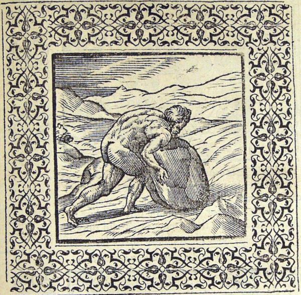 Sisyphus pushing his boulder uphill