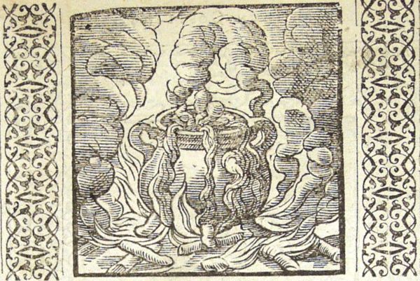 Broth, boiling over the edge of the cauldron, falls into the fire