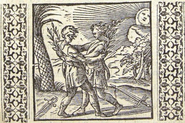 The sun shines on two men who, holding laurel branches, embrace beneath a palm-tree