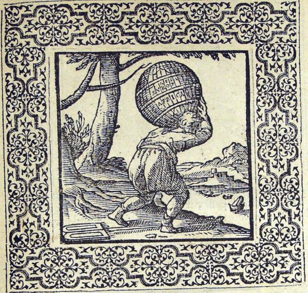 A man is carrying the world on his shoulder; the Tables of the Law behind him on the ground