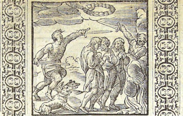 A group of Christians are threatened by men with swords, snarling dogs and fire; the hand of God holds a laurel wreath above their heads