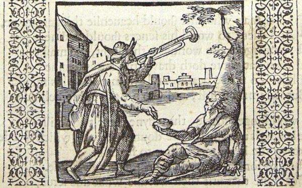 A man is giving alms to a beggar while blowing a trumpet