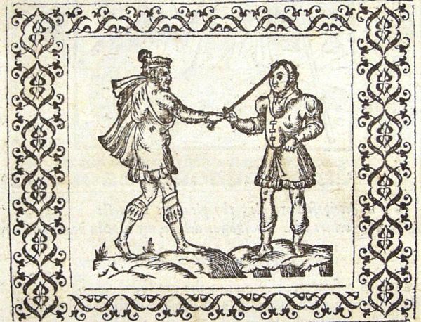 One man is hitting another man, who is wearing a mask, on the head with a stick