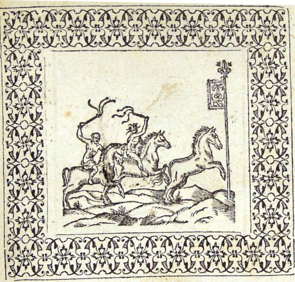 Two horsemen chasing a horse with whips raised