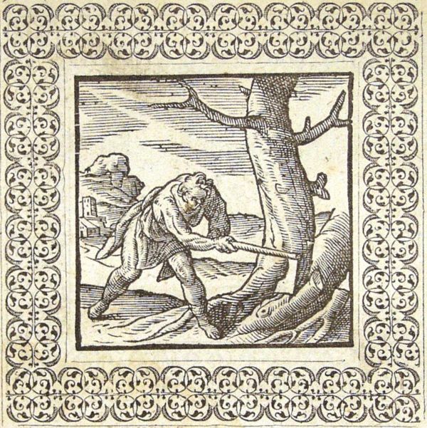 A man is cutting a tree with an axe: without the man, the axe would be capable of nothing