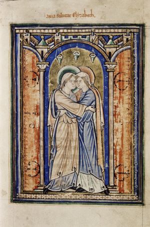 Mary and Elisabeth, both pregnant, embracing; architectural setting, consisting of a doorway with two open doors(?); oil-lamps.