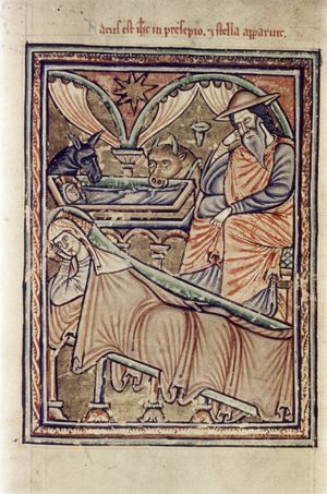 Mary, reclining in bed, her head turned to her right resting in her hand; Joseph seated at her feet to the right, resting his head in his hand; the Christ-child in a manger which rests on columns (altar?) - with the ox and ass - behind Mary's bed; architectural setting with curtains and oil-lamp; the Star of Bethlehem.