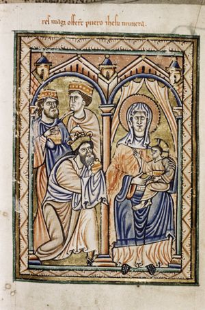 the wise men present their gifts to the Christ-child, who sits on the knee of the enthroned Mary, holding a small globe in her right hand; Christ holds a book and makes a blessing gesture with his right hand forward; the foremost Magus is kneeling on one knee and offers a predious vessel with both covered hands forward; of the other Magis, both holding the same kind of vessels, one turns his head to his right; architectural setting; curtains behind Mary.