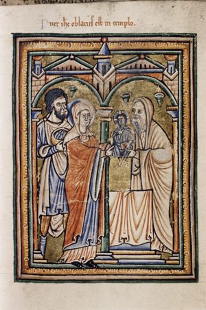 Mary, standing to the left of the altar, presents the Christ-child - who is seen in front view, holding a book and making a blessing blessing gesture with his right hand in front of his chest - to Simeon, wearing a `tallit'(?), who holds Christ by his leg and shoulder; Joseph with doves in a basket, follows Mary; architectural setting; oil-lamps.