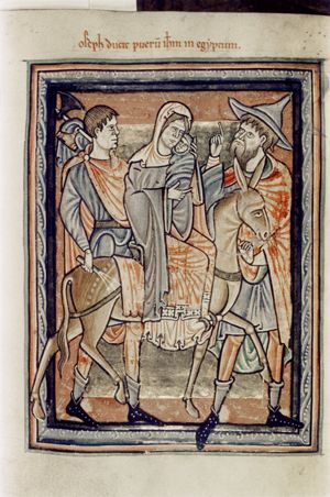 Joseph, wearing a Jew-hat, leads the ass; turning back his head to his right, he makes a speaking gesture with his right hand raised, to Mary, who rides ass, holding the swaddled Christ-child with his cheek against her own; James the Less following them, carrying an axe over his shoulder with a cask and a cloth hanging from it, and holding a whip in his right hand.