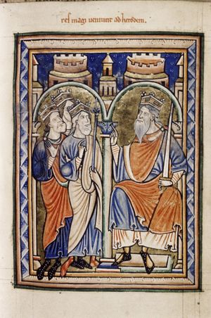 king Herod, seated at the right with a sword in his left hand, which rests on his knee, makes a speaking gesture with his right hand forward; the foremost Magus holds a sceptre in his covered left hand, and makes a speaking gesture with his right hand in front of his chest; one of the others holds his hand in front of his chest with the palm in front view; architectural setting.