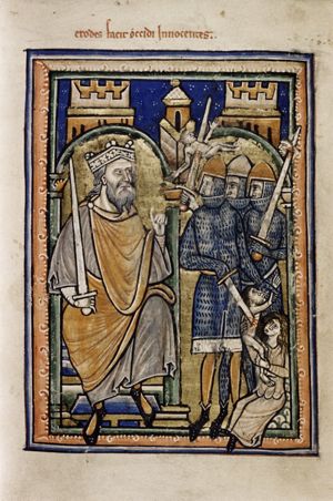 king Herod, seated at the left, with a sword in his right hand, which rests on his right leg, makes a commanding gesture; a child is torn away from his mother by his hand while his mother clings to his leg; the soldiers turn their head to their right, looking at Herod, one of them with a boy stuck on his sword; architectural setting.
