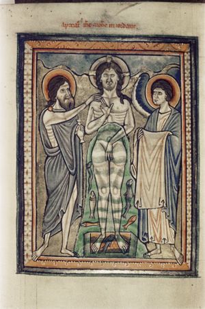 John the Baptist stands at Christ's right, holding an ointment-jar in his left, touching Christ's shoulder with his right; Christ is seen in front view, standing on a stone and making a blessing gesture with his right hand in front of his chest; an angel holds Christ's robe.