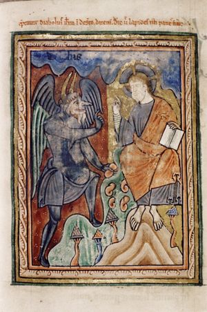 Satan, a devil in phantasy shape, holding a stone in his left hand, makes a speaking gesture with his right hand forward, asking Christ, who is seated, holding an open book and making a speaking gesture with his right hand raised, to `command these stones to become loaves of bread'; plants.
