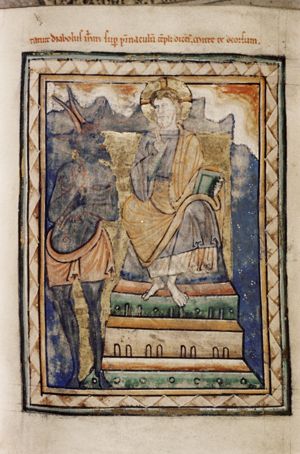 Satan, a devil in phantasy shape, holding his right hand in front of his chest and pointing down with his left, turns his head back to his right, towards Christ, who sits on the roof, holds a book and makes a speaking(?) gesture (index and middle finger raised, palm in front view, normally a  gesture of blessing), asking him `throw yourself down' (from the temple).