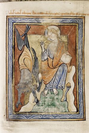 Christ, seated with an open book in his left hand and making a blessing(?) gesture with his right hand held upward; Satan, a devil in phantasy shape, jumps down head first, `withdrawing' from Christ; plants.