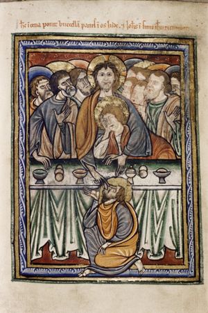 Christ, seated behind a rectangular table amidst the apostles, puts a piece of bread into the mouth of Judas Iscariot, thereby revealing him as the betrayer; Judas is kneeling on one knee, alone in front of the table and raises his right hand with the palm turned up; Christ has put his left arm around John, who leans against his chest, with his hand against his head; the apostles make various gestures: one holds his hand in front of his chest with the palm in front view; a second one holds both arms sidewards with the palms of the hands in front view.