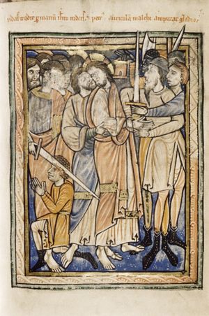 Judas, standing behind Christ and holding his arm, kisses him; Christ turns his head back to his right; his arms, which he stretches forward with the hands against each other, are seized by soldiers carrying torches, a lantern and weapons; a group of apostles at the left, behind Judas, with Peter cutting off the ear of Malchus, who's kneeling on one knee with his arms raised and the hands against each other.