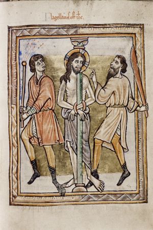 two men beat Christ, who is seen in front view, tied to a column with bare torso, while standing behind it, but with his crossed hands in front of it; one of the men making a speaking gesture with his right hand forward.
