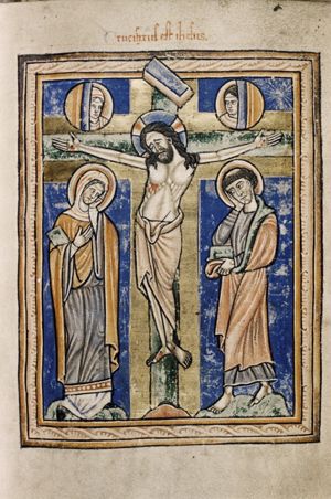 with Mary and John at either side of the cross: Mary holding a book with her right arm and putting her hand against her head; John with a book in his left and resting his tonsured head in his right; sun and moon at either side of the cross to which a board is attached, from which the superscription is however lacking.